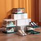 White framed clear shoe storage box with the front door open