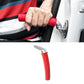 Hand gripping the red assist handle inserted in a white car door striker loop, handle shown below