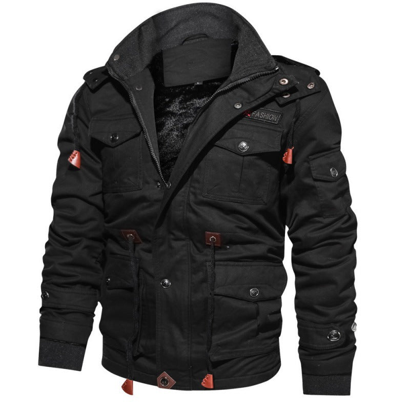 Black fleece-lined cotton field jacket with stand collar and flap pockets, size 3XL