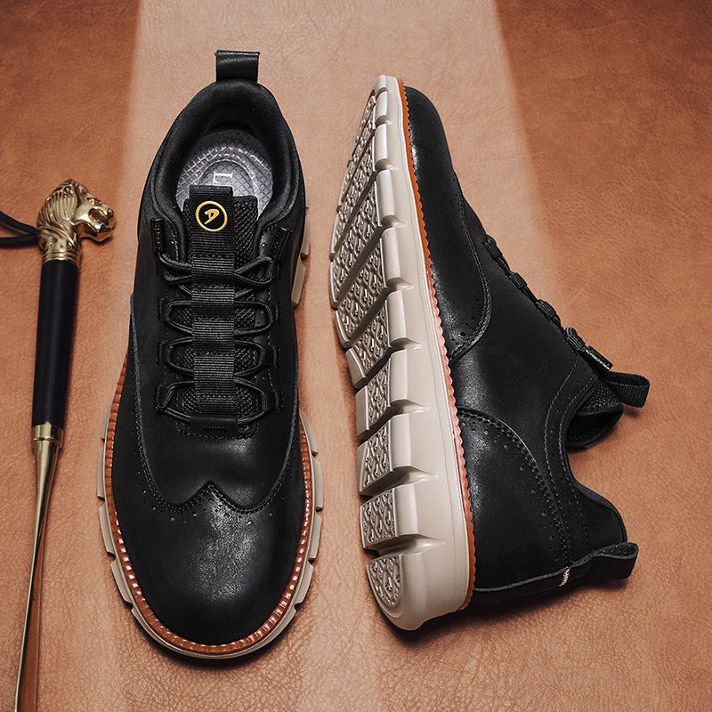 Black vegan leather wingtip brogue casual shoes with beige ribbed sole and orange welt, top and side view