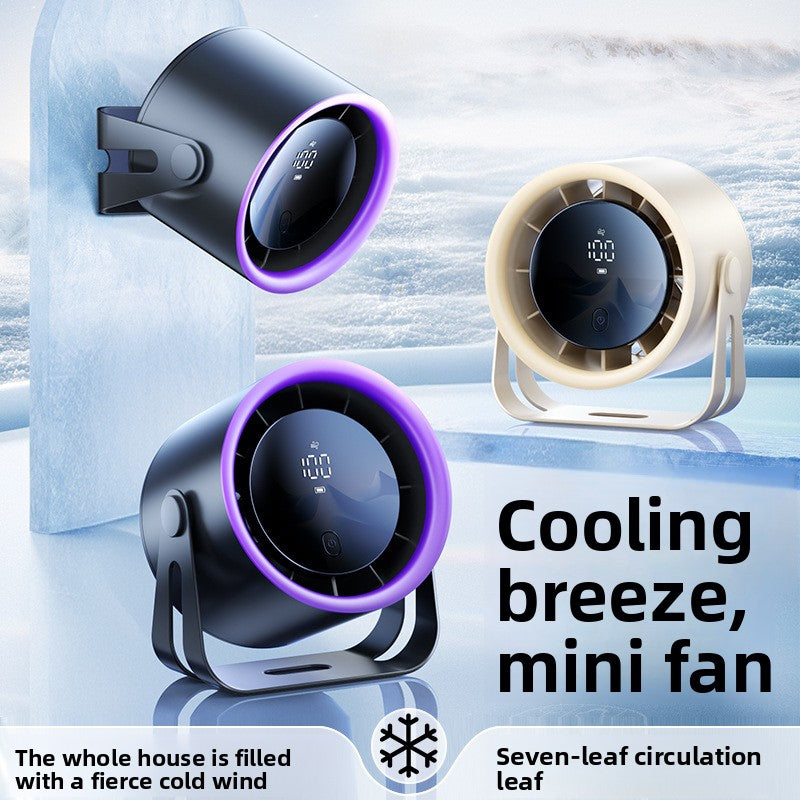 Three mini desk fans in purple and white with digital displays on an icy backdrop