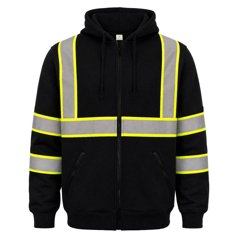 Black full zip hooded sweatshirt with gray strips edged in neon yellow and zippered pockets, S option photo
