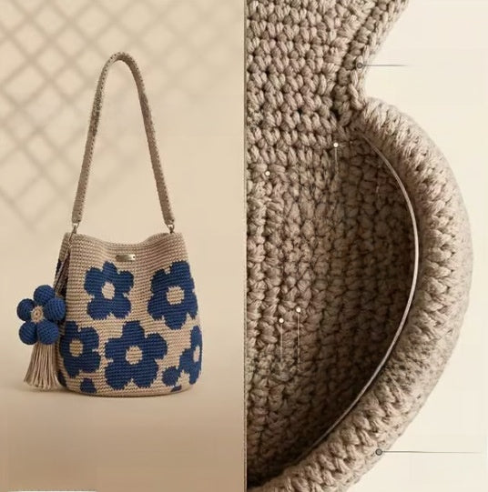 Blue floral crochet cotton bucket bag on a strap beside a close up of the cotton weave