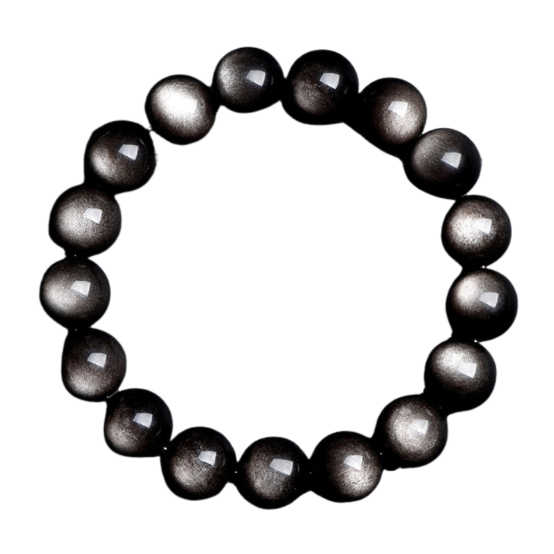 Natural obsidian beaded bracelet detail of smooth round stone beads