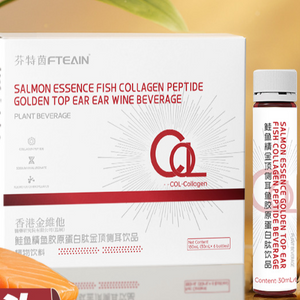Fteain salmon fish collagen beverage box beside a single bottle with a slice of raw salmon in front