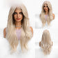 Shade code 8002-4, pale champagne blonde long wavy lace front wig from the front, side and back