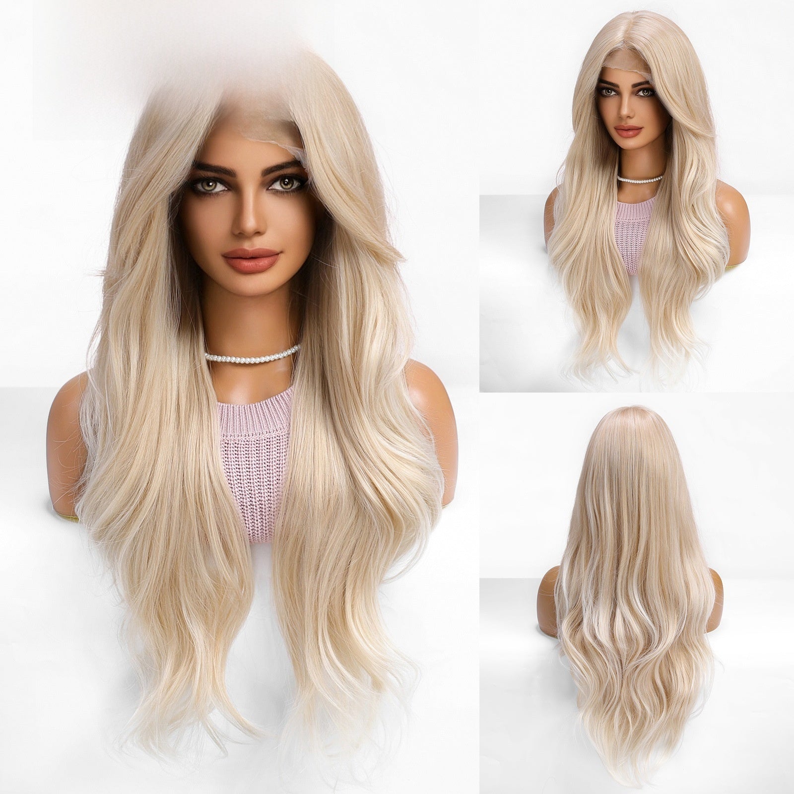 Shade code 8002-4, pale champagne blonde long wavy lace front wig from the front, side and back