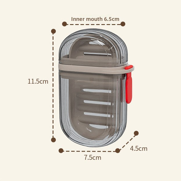 Soap case size diagram showing 11.5 cm height, 7.5 cm width, 4.5 cm depth and a 6.5 cm inner mouth