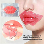 Pink hydrogel jelly lip mask patch applied on a model's lips, closeup