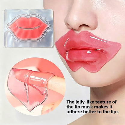 Pink hydrogel jelly lip mask patch applied on a model's lips, closeup
