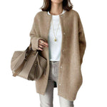 Soft brushed knit cardigan in caramel, snap-button front worn open over a white tee