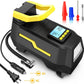 Black and yellow portable electric air pump with a digital screen, air hose, car plug, wall plug and three nozzles
