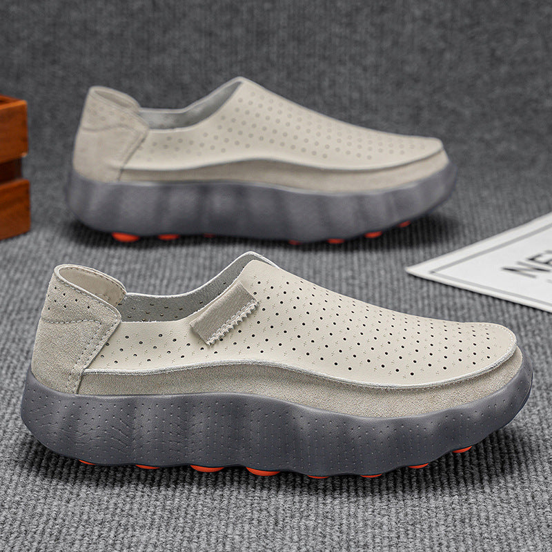White Gray perforated leather slip-on platform shoes on gray fabric, size 39 option photo