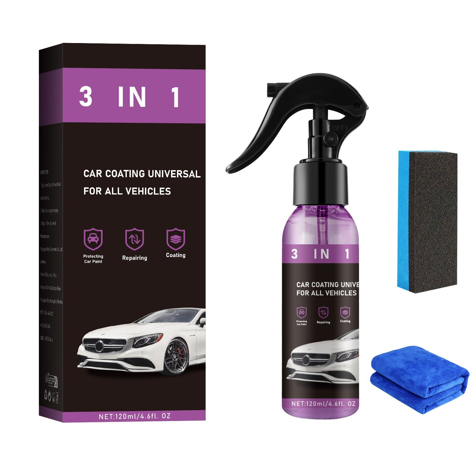 Purple 3 in 1 bottle laid out with its carton, a foam applicator pad and a blue cloth