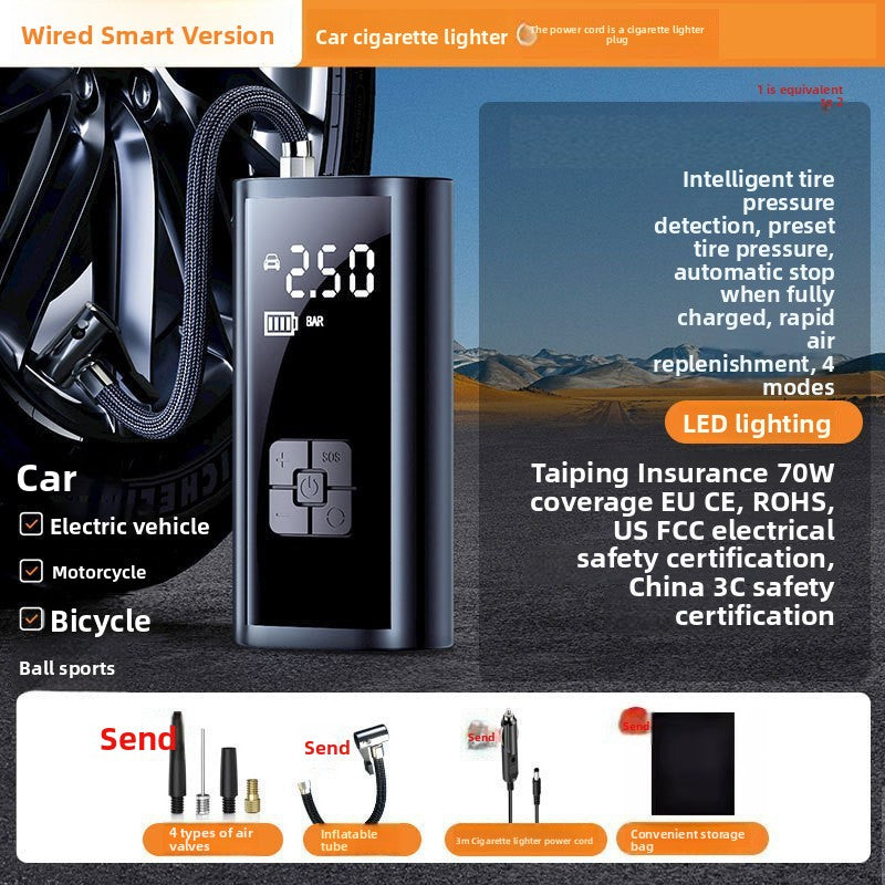 Wired version of the tire inflator with cigarette lighter cord, valve nozzle set and storage bag