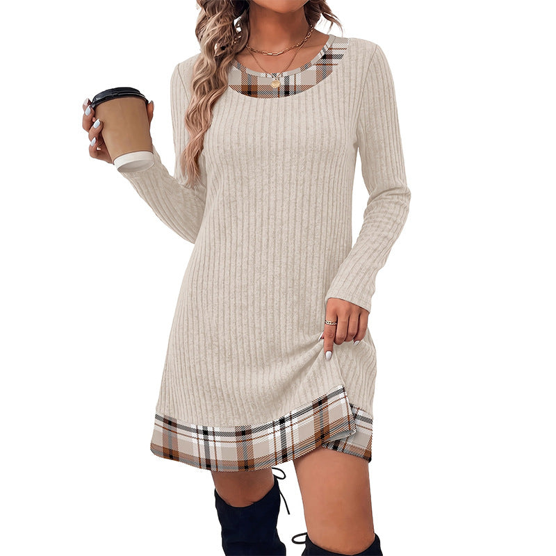 Apricot ribbed knit long sleeve dress with brown and cream plaid trim, variant photo for size XXL