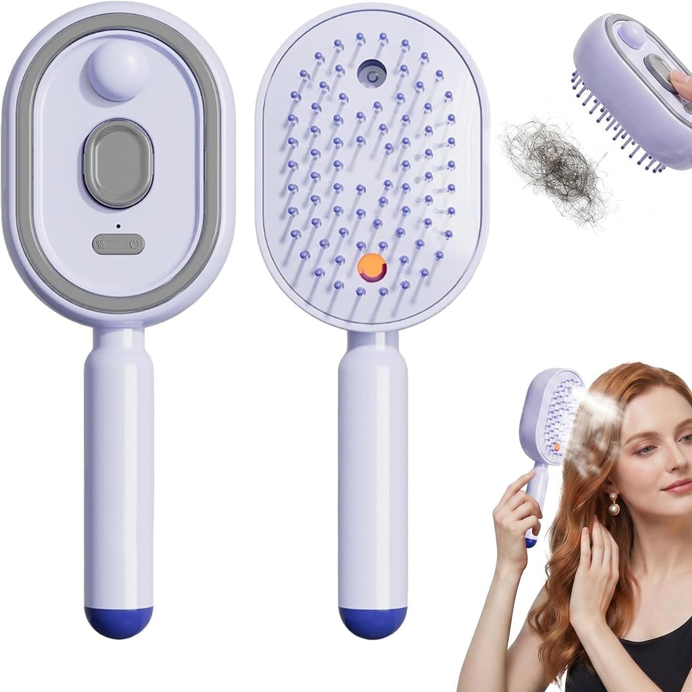Purple electric mist spray massage hair brush shown front and back with ball tip bristle pad