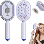 Purple electric mist spray massage hair brush shown front and back with ball tip bristle pad