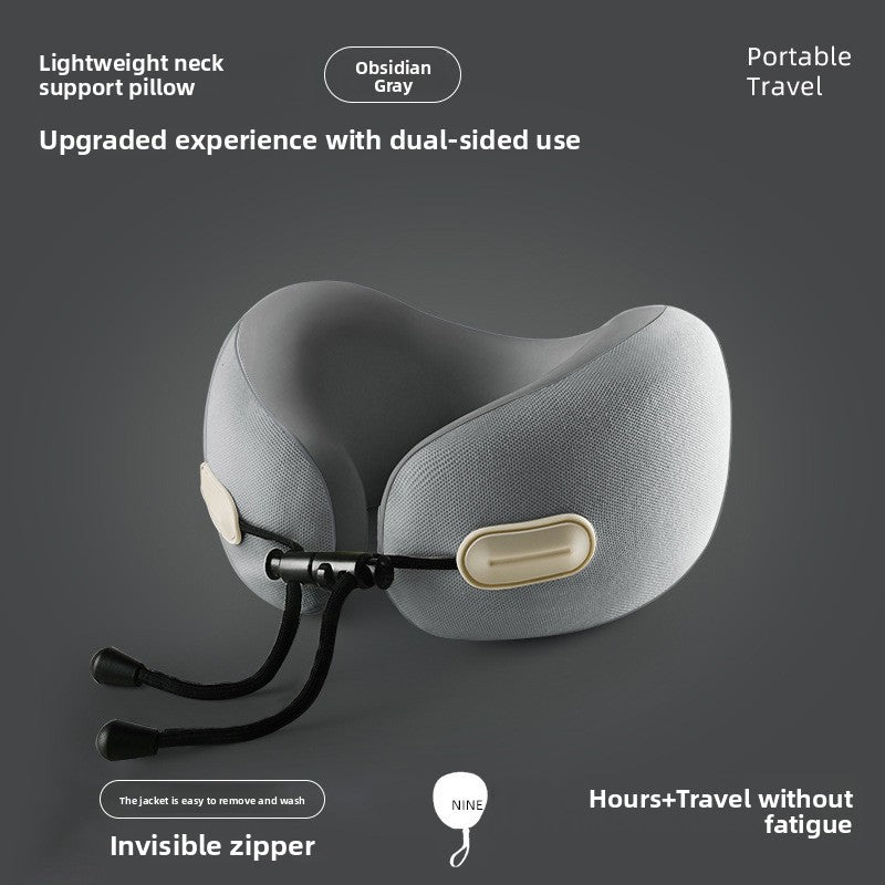 U-shaped memory foam travel neck pillow with a front toggle and cool touch knit cover