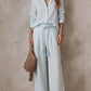 Sky blue long sleeve shirt and wide leg pants set, size XXL, with braided waist tie