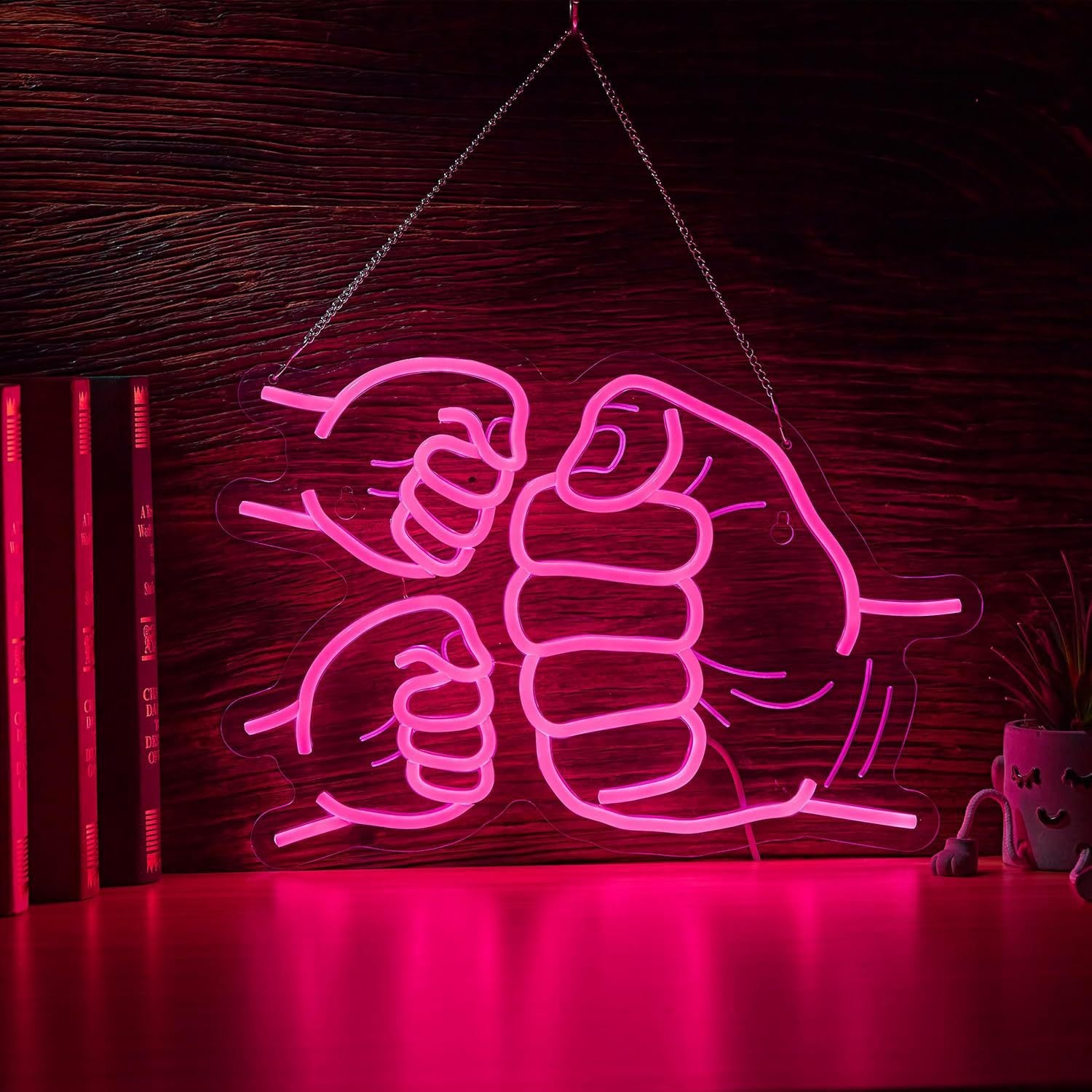 LED neon wall light sign, lit in a studio corner