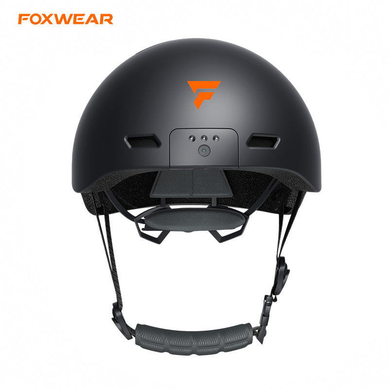 Black Foxwear camera helmet front view with built-in camera module and padded strap