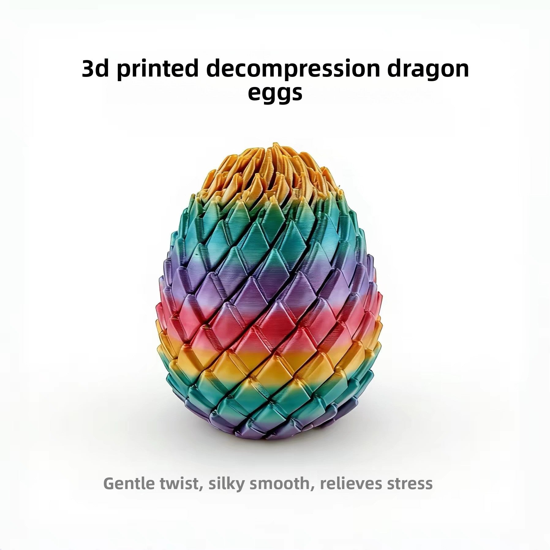 Detail of a metallic 3D printed dragon egg fidget toy and its linked scales