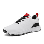 Breathable fixed-nail golf shoes in white, lace-up mesh upper, front view on a studio background