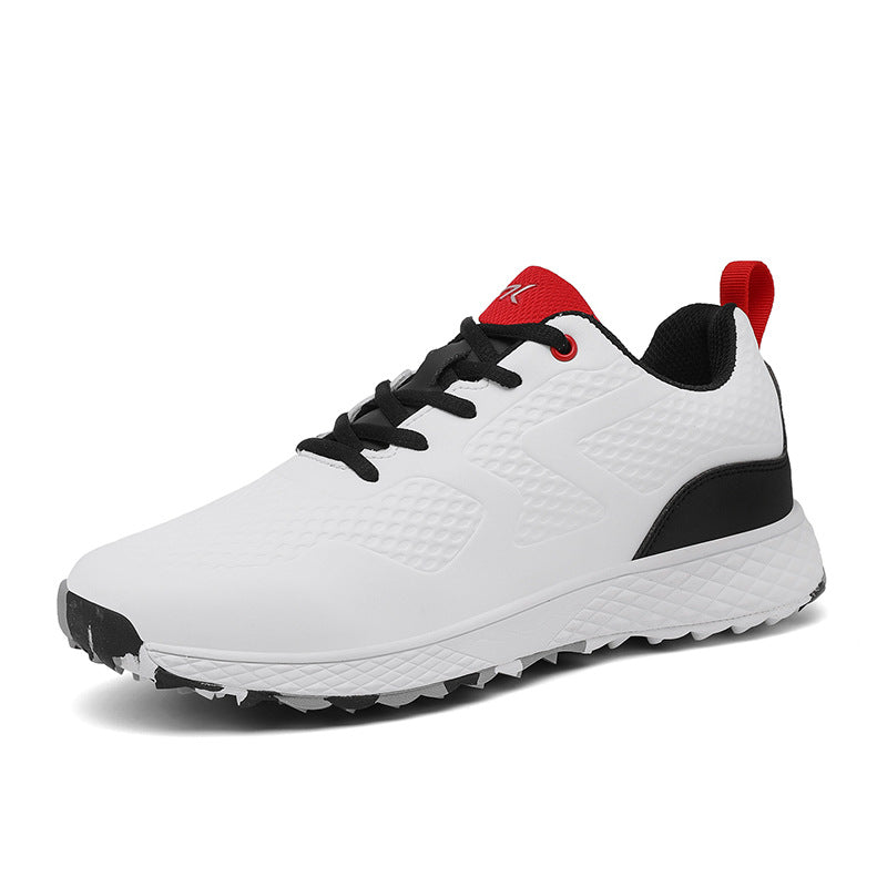 Breathable fixed-nail golf shoes in white, lace-up mesh upper, front view on a studio background