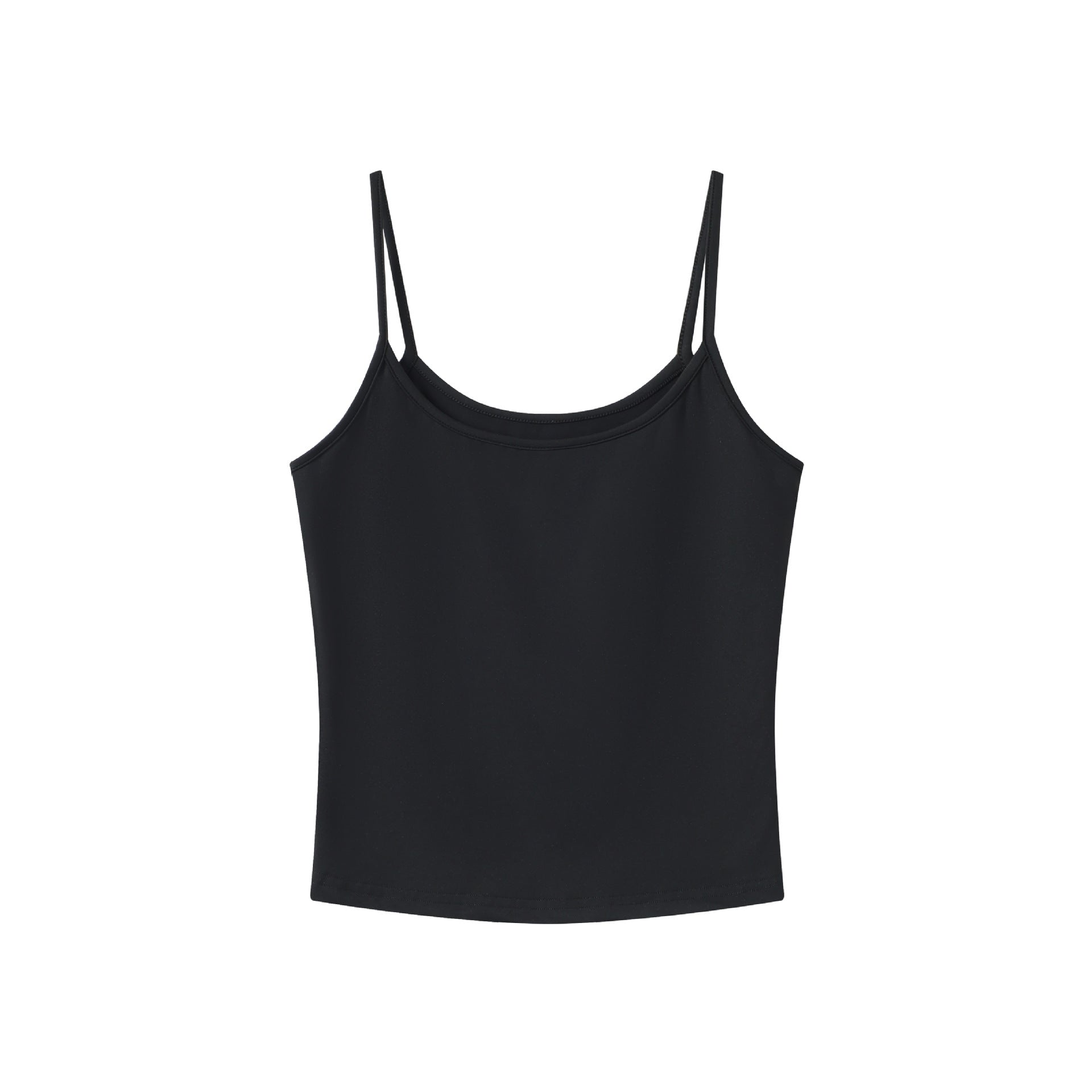 Slim fitted stretch knit camisole cropped to the waist on a model