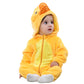 Baby in a yellow duck flannel romper with an orange beak hood and a pale yellow belly, size 70
