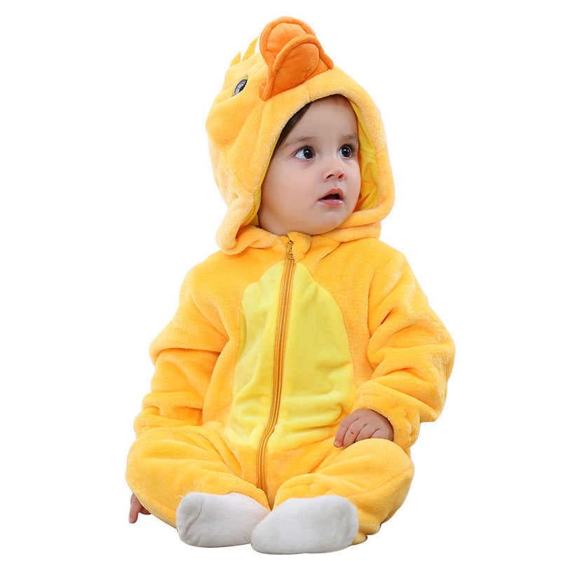 Baby in a yellow duck flannel romper with an orange beak hood and a pale yellow belly, size 70