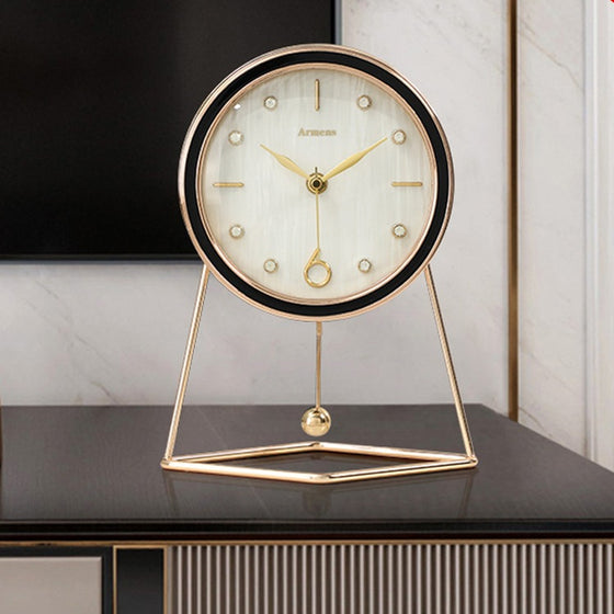 Round Desktop Clock with Gold Tone Metal Stand and Optional Pendulum