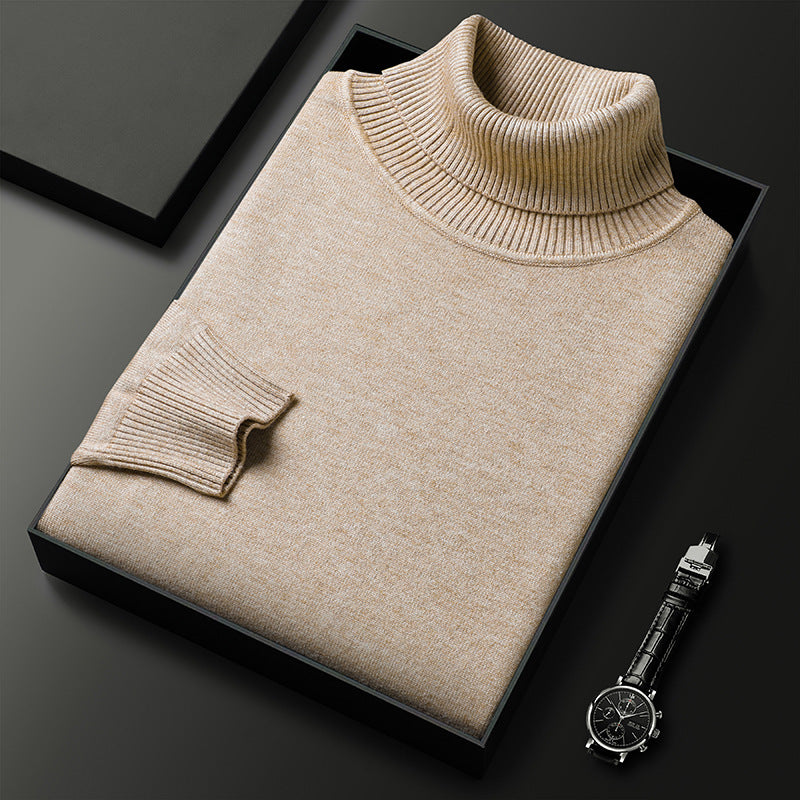 Close view of the ribbed roll neck on the men's turtleneck sweater