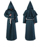 Deep green hooded monk robe with shoulder cape, front and back views, size M