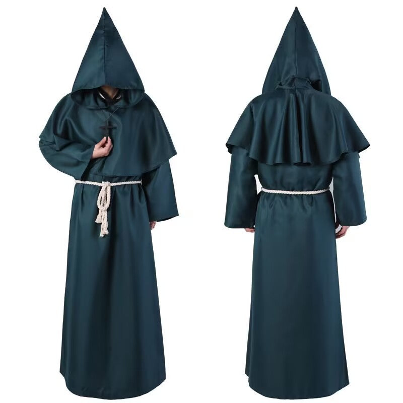 Deep green hooded monk robe with shoulder cape, front and back views, size M