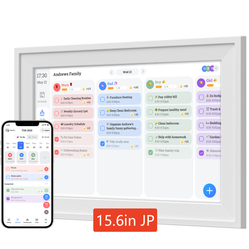 White framed touchscreen calendar highlighting WiFi cloud sync with common calendar apps