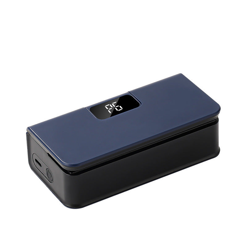Blue and black Gen1 6 step portable food sealing machine with a digital display, angled front view