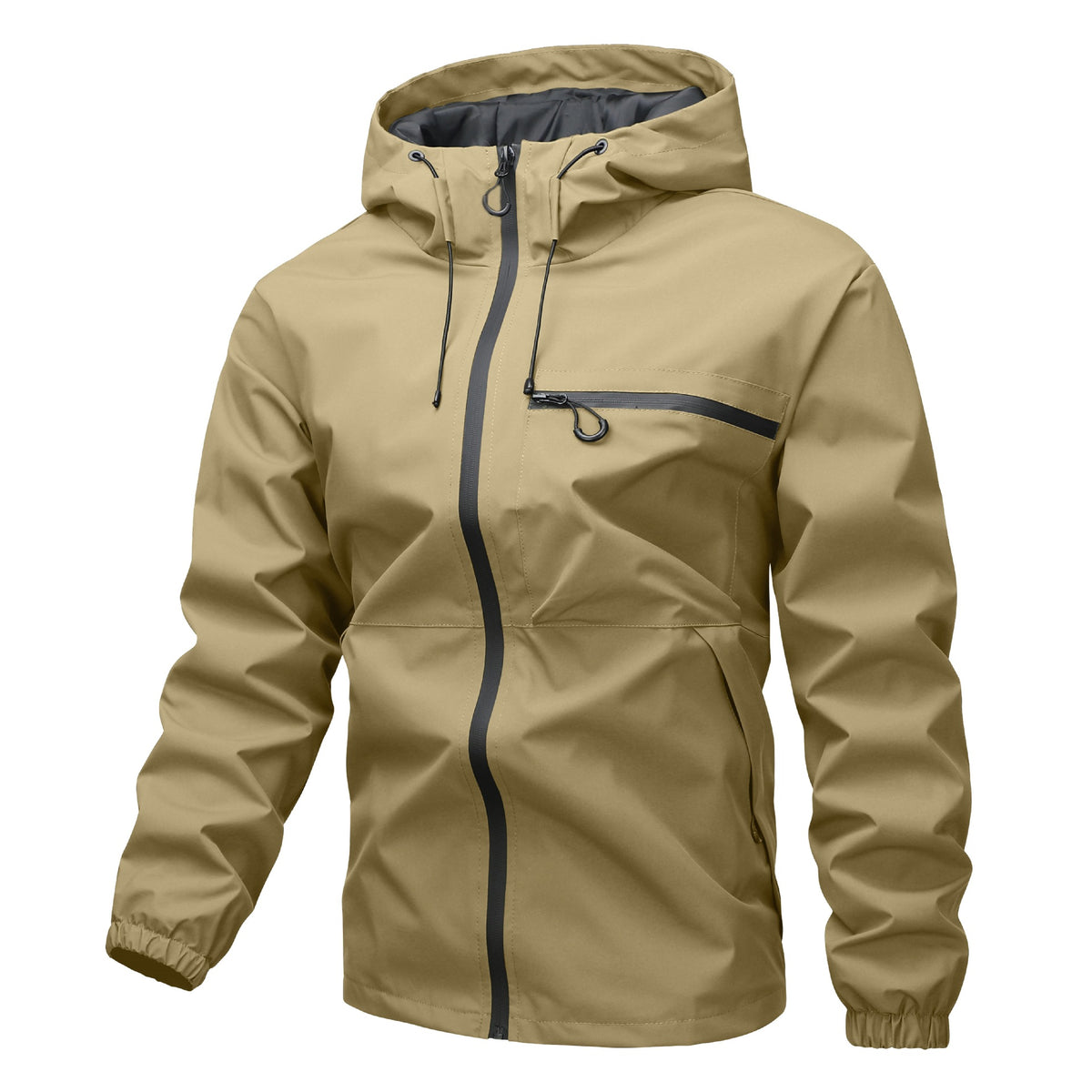 Khaki hooded zip jacket with drawstring hood and chest zip pocket, option image for size XS
