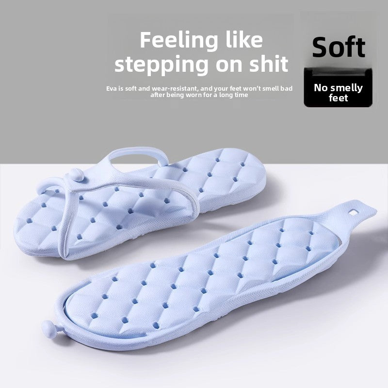 Lightweight foldable EVA slippers laid flat beside their folded compact travel form