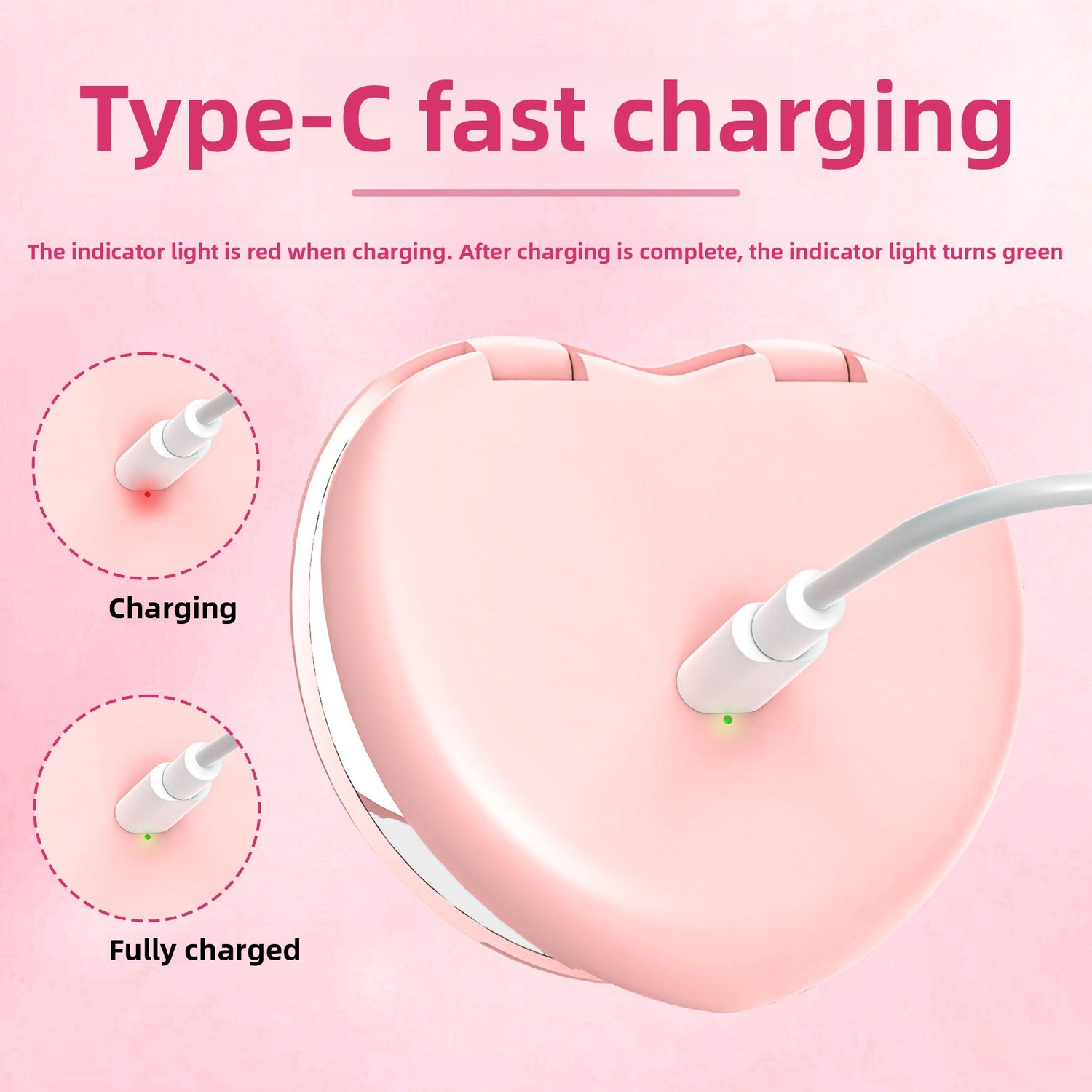 Infographic showing USB Type C charging of the heart LED makeup mirror with indicator light