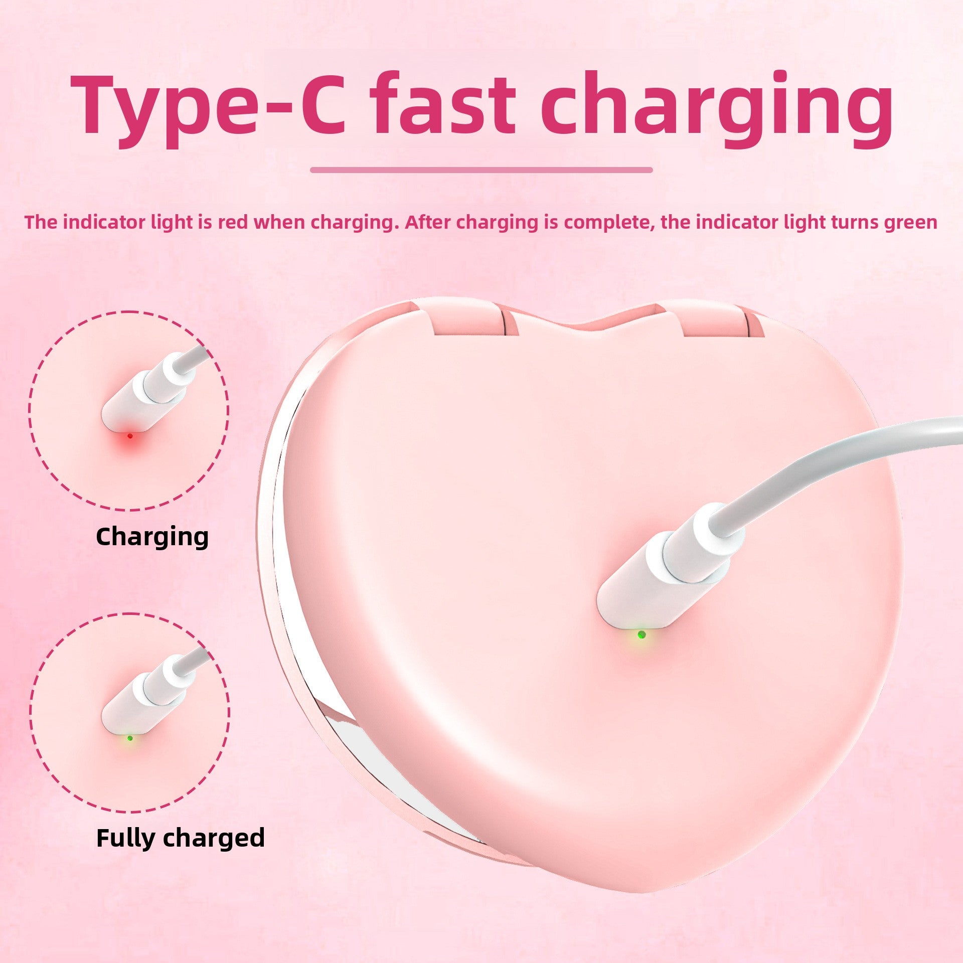 Infographic showing USB Type C charging of the heart LED makeup mirror with indicator light