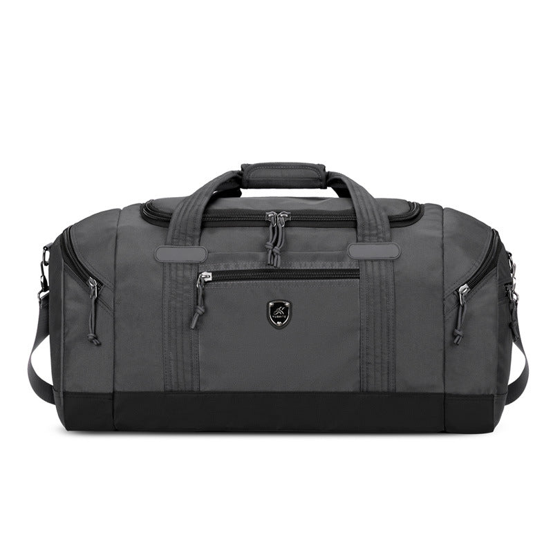 Oxford travel duffel bag shown expanded with the top zip gusset opened for more room