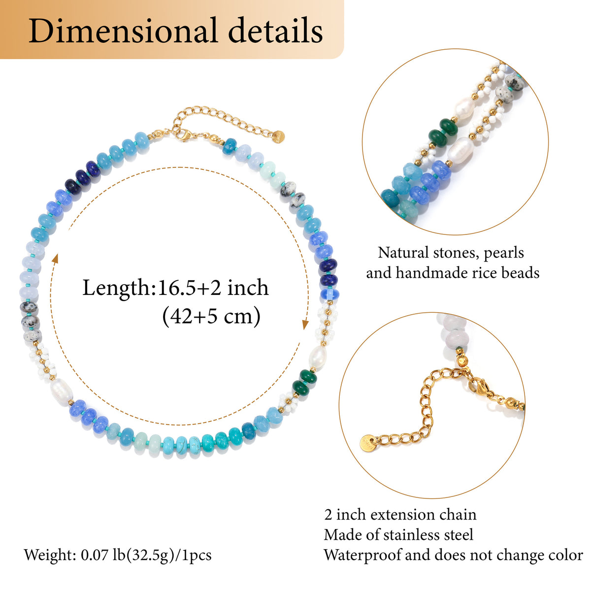 Ocean blue and turquoise colorway of the natural stone beaded necklace with pearls and steel clasp
