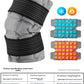 Gray quilted knee wrap with black elastic straps beside cold and hot cell diagrams, plus the knee specifications