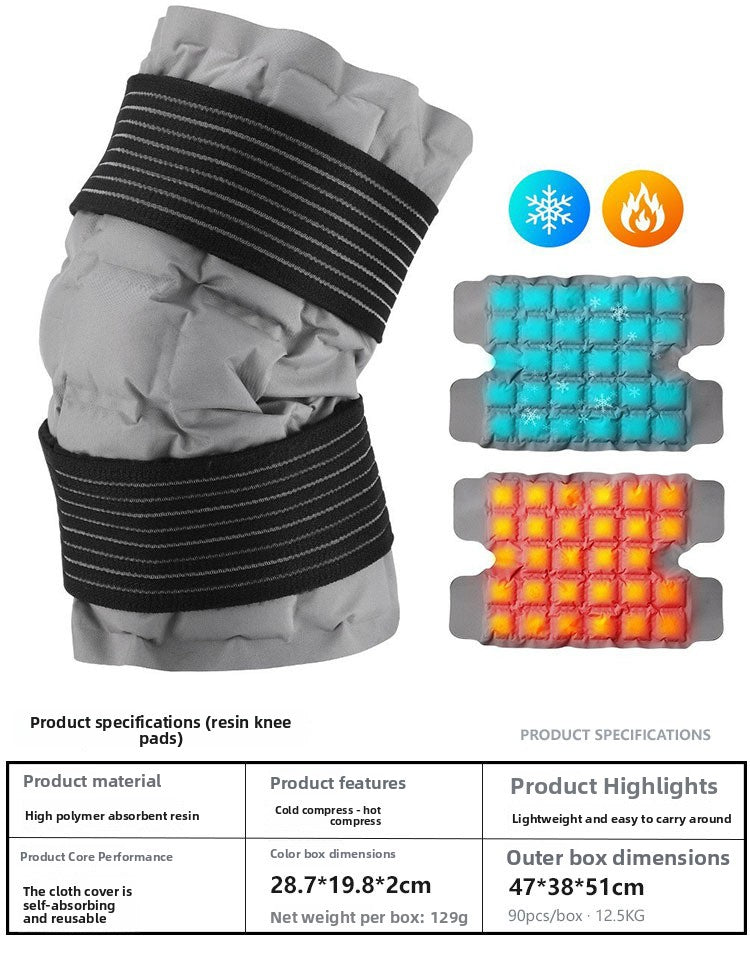 Gray quilted knee wrap with black elastic straps beside cold and hot cell diagrams, plus the knee specifications