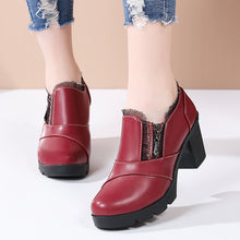 Women's Round Toe Platform Block Heel Shoes with Side Zipper and Ruffle Trim