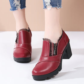 Women's Round Toe Platform Block Heel Shoes with Side Zipper and Ruffle Trim