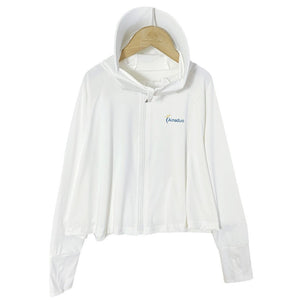 Kids hooded sun jacket worn with the hood pulled up