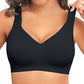 Black seamless wireless bra with wide straps, close up on a model, Black option, size 3XL